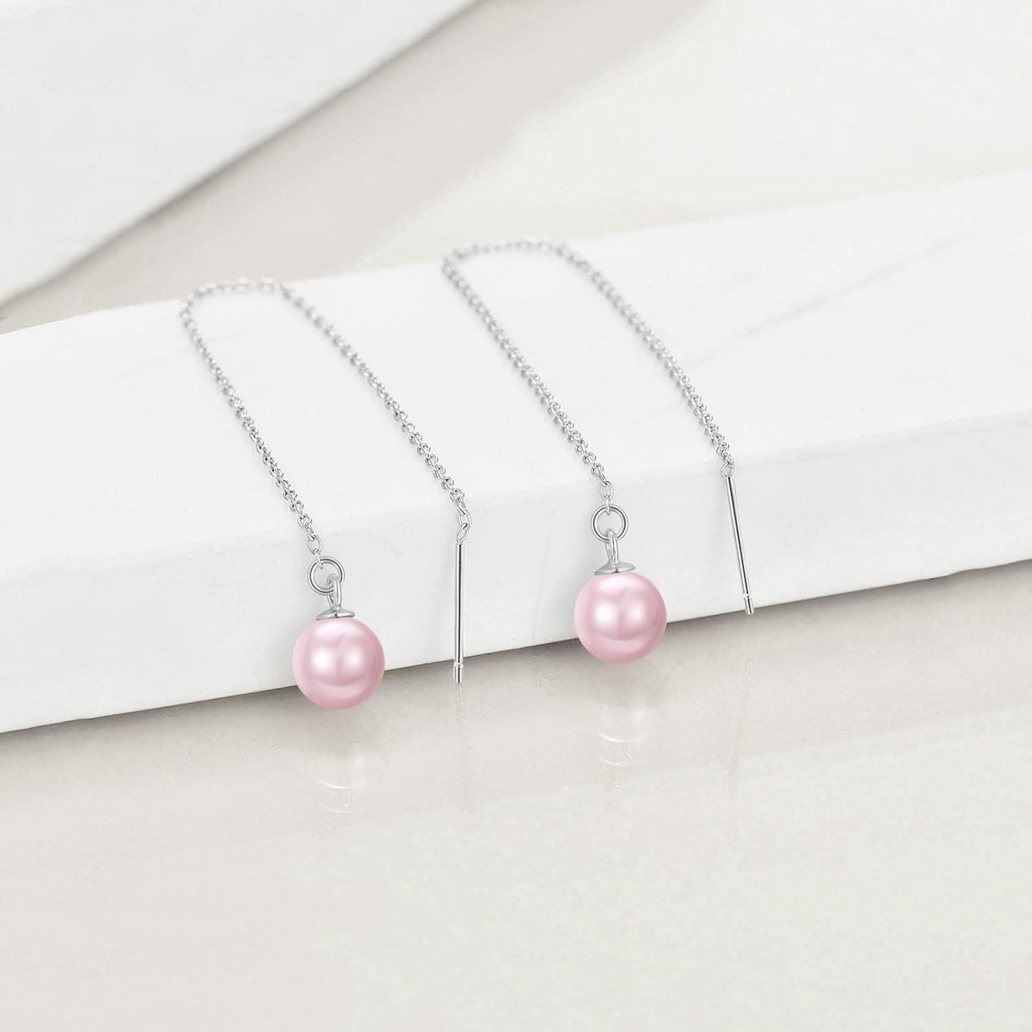 925 Sterling Silver Pink Pearl Threader Earrings with Chain and Bar Design-0-2