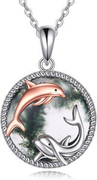 wholesale 925 Sterling Silver Dolphin Pendant with Green Agate Gemstone Necklace s for Women-L-Dolphin