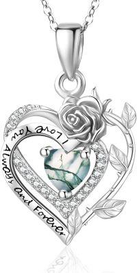 wholesale 925 Sterling Silver Rose Heart Necklaces for Women Mother White Gold/Rose Gold Heart Jewelry with Birthstone Pendant Anniversary Birthday Gifts for Her Wife Girlfriend 18+2 inch Chain-Sliver-Moss Agate