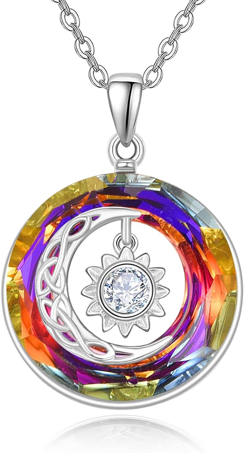 wholesale 925 Sterling Silver Rainbow Crystal Moon and Sun Pendant Necklace for Women Celestial -0-0