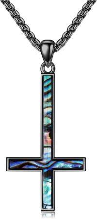 wholesale 925 Sterling Silver Inlaid Abalone Shell Upside Down Cross Pendant Necklace  for Men/Women-Upside Down Cross