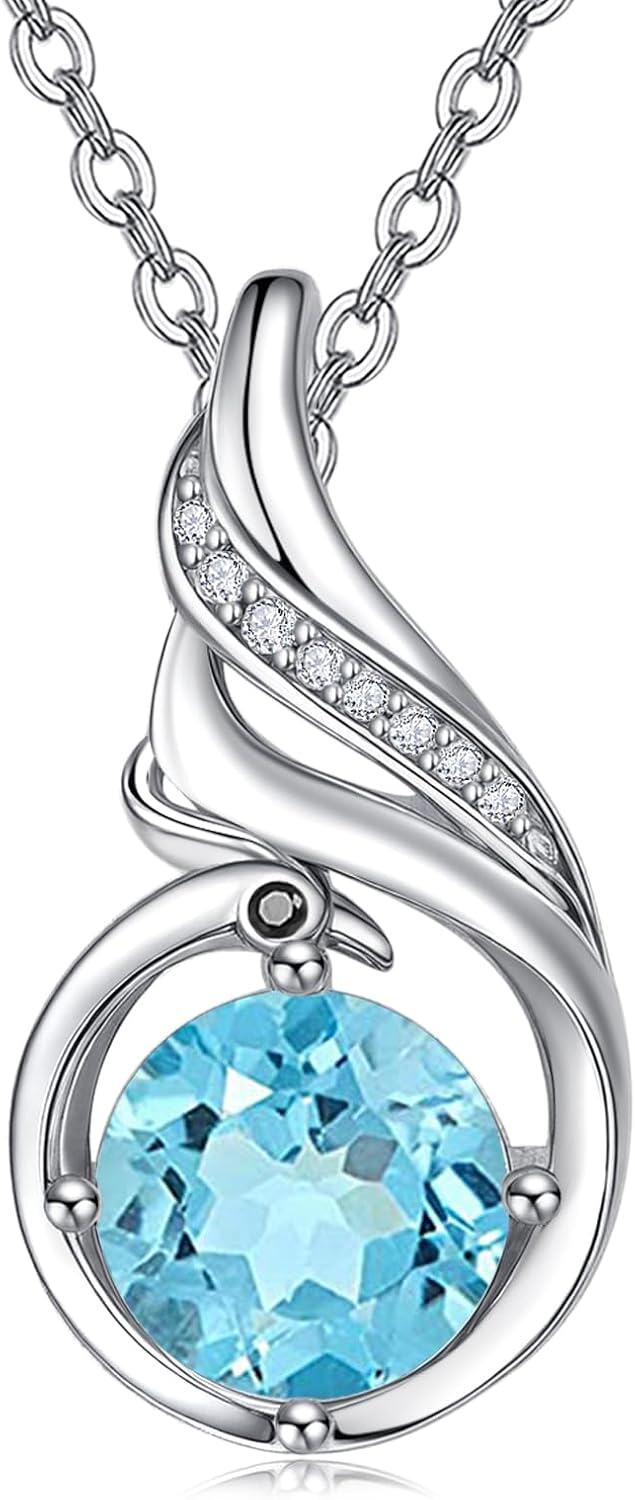 Sterling Silver Phoenix Birthstone Pendant Necklace for Women-12-Blue Topaz