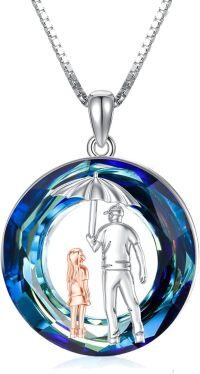 wholesale Sterling Silver Heart Pendant Necklace for Father Daughter-Dad&1 Daughter-Umbrella-Blue Crystal