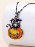 wholesale 925 Sterling Silver Black Cat and Jack-o'-lantern Pendant Necklace with Pink Ears & Purple Nose - Halloween  for Women/Men-0-3