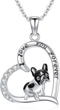 wholesale 925 Sterling Silver Heart Pendant with Black and White French Bulldog Charm Necklaces for Women Gifts-Bulldog