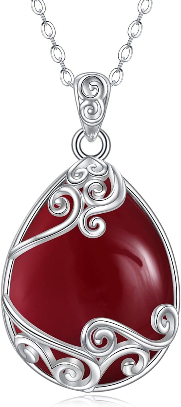 Sterling Silver Moonstone Filigree Teardrop Pendant Necklace for Women-BB-Red Agate Filigree Necklace