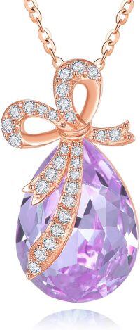 wholesale 925 Sterling Silver Crystal Bow Teardrop Birthstone Pendant Necklace-06-Jun-Alexandrite Purple