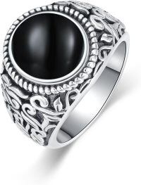 wholesale 925 Sterling Silver Men's Turquoise Rings Wholesale With Intricate Scroll Design-Black Onyx