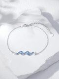 wholesale 925 Sterling Silver Wave Design Anklet with Blue Crystals and Chain Link for Women-0-3