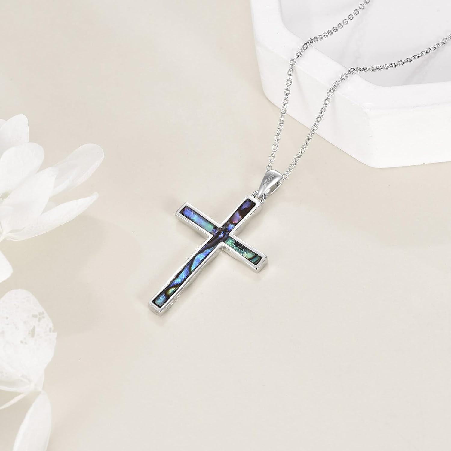 wholesale 925 Sterling Silver Blue Abalone Shell Inlay Cross Pendant Necklace-0-3
