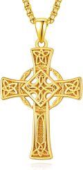 wholesale Gold 925 Sterling Silver Celtic Cross Pendant on Rolo Chain - Irish Knot Protection Jewelry for Men (24) -0-0