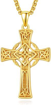 wholesale Gold 925 Sterling Silver Celtic Cross Pendant on Rolo Chain - Irish Knot Protection Jewelry for Men (24) -Celtic Cross-B (Gold)