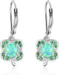 wholesale 925 Sterling Silver Opal Green Gemstone Drop Earrings 4-Leaf Clover Leverback Irish Jewelry-0-0