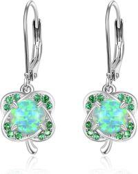 wholesale 925 Sterling Silver Opal Green Gemstone Drop Earrings 4-Leaf Clover Leverback Irish Jewelry-Opal Clover