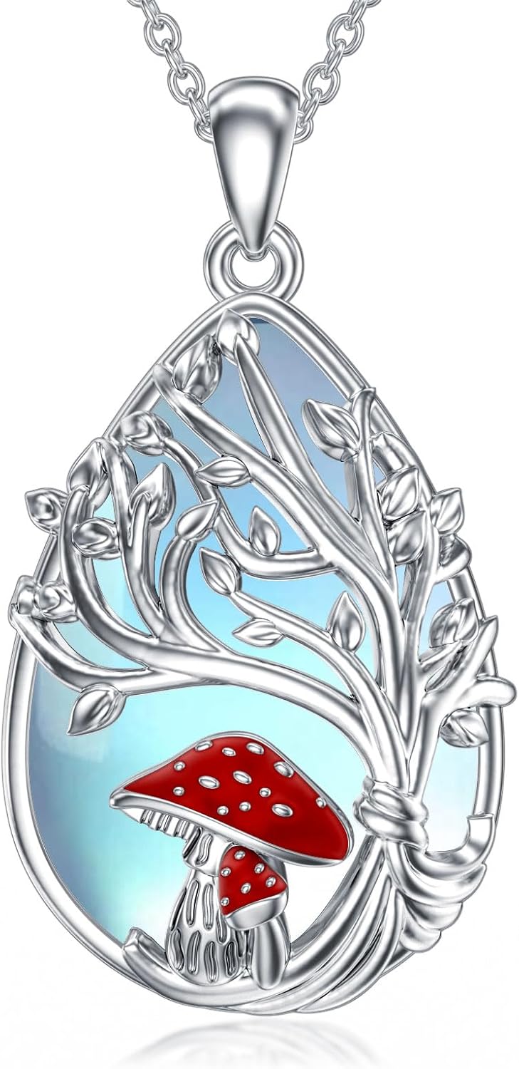 wholesale 925 Sterling Silver Red Enamel Mushroom Tree of Life Pendant Necklace for Women-0-0