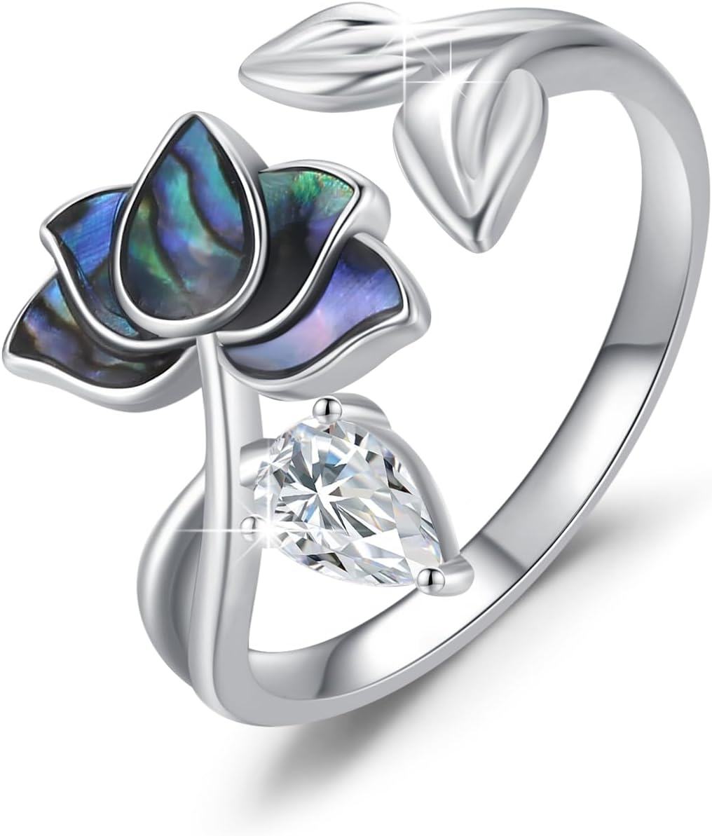 Sterling Silver Adjustable Open Ring Trendy Jewelry Gift for Women Christmas Birthday Engagement Wedding-Lotus