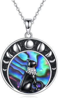 wholesale 925 Sterling Silver Abalone Shell Moon Phases Black Cat Pendant Necklace for Women - Tree of Life Design Gifts for Cat Lovers-Moon Phase Black Cat Abalone