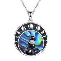 wholesale 925 Sterling Silver Abalone Shell Moon Phases Black Cat Pendant Necklace for Women - Tree of Life Design Gifts for Cat Lovers-Moon Phase Black Cat Abalone