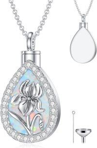 wholesale Sterling Silver Opal Birth Flower Urn Necklace for Ashes 12 Month Memorial Jewelry-02-February-Iris+Text-02-February-Iris