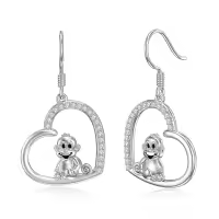 wholesale 925 Sterling Silver Monkey in Heart Drop Earrings - Cute Animal Charm Gift for Her-Monkey