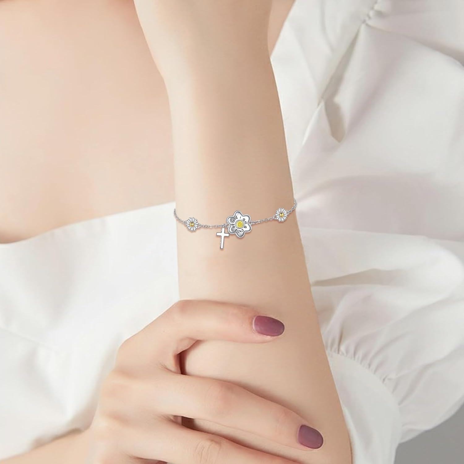 wholesale 925 Sterling Silver Daisy Cross Charm Adjustable Link Chain Bracelet-0-1