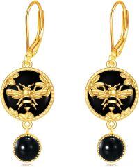 wholesale 925 Sterling Silver Black Onyx Honeybee Drop Dangle Earrings for Women Girls  4cm Long-Black onyx bee earrings