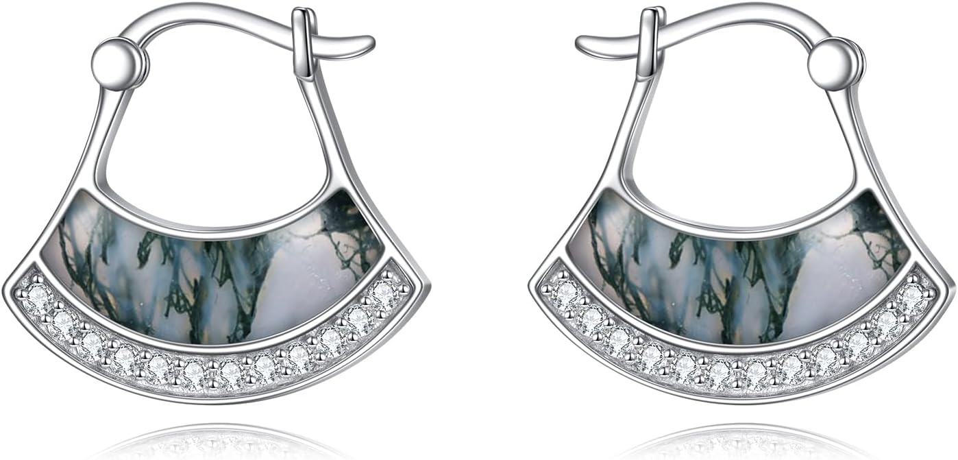 Sterling Silver Moonstone Peridot Pink Opal Black Onyx Larimar Moss Agate Small Fan Hoop Earrings-0-1