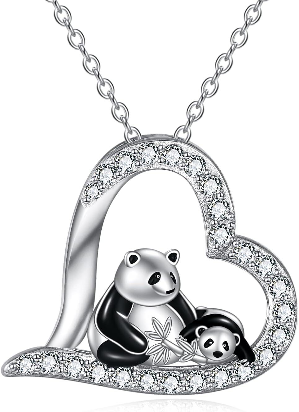 Sterling Silver Panda Necklace with Engraved Always in My Heart Mother Daughter Gift-black