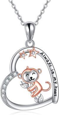 wholesale 925 Sterling Silver Monkey Heart Pendant Necklace with Stars and Leaves Charm  for Women-monkey necklace