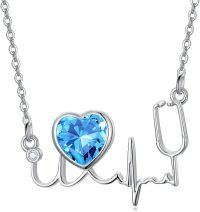 wholesale 925 Sterling Silver Birthstone Stethoscope Necklace Nurse Doctor Gift-3-March Birthstone