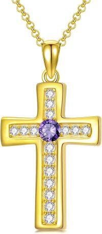 wholesale 925 Sterling Silver Gold Plated Cubic Zirconia Birthstone Cross Necklace-B.Purple-February-Amethyst