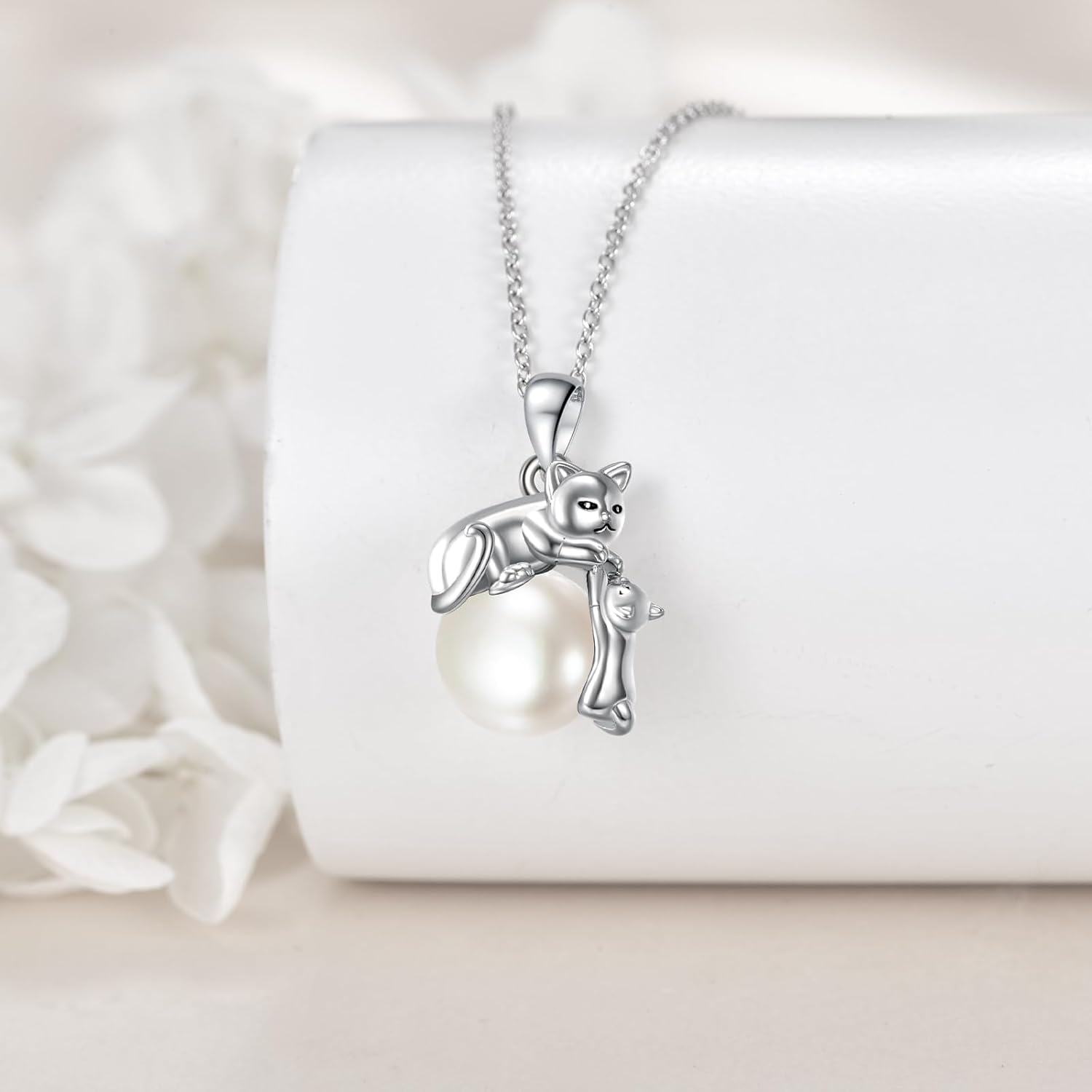 wholesale 925 Sterling Silver Pearl Cat Charm Pendant Necklace s for Women-0-3