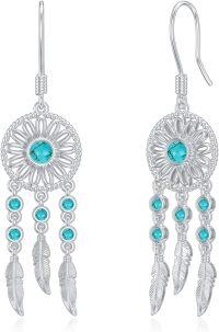 wholesale 925 Sterling Silver Turquoise Feather Drop Earrings with Celtic Design and Floral Elements-Dream Catcher Earrings