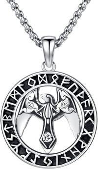 wholesale 925 Sterling Silver Norse Mythology Raven & Mjolnir Pendant Necklace with Runes for Men Women Viking s-C-Viking Rune Raven