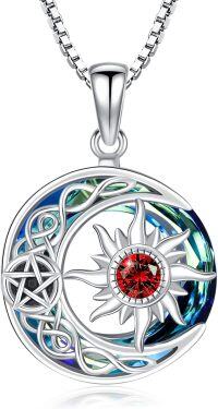 wholesale Sterling Silver Blue Crystal Sun Moon Necklace Women Birthstone Celtic Pendant Jewelry Gifts-01 Jan