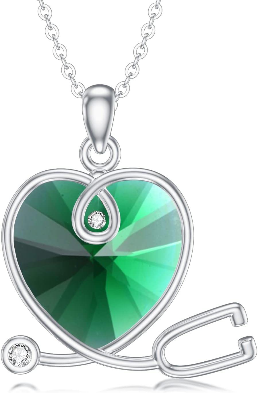 925 Sterling Silver Green Crystal Heart Shaped Stethoscope Pendant Necklace for Nurses Doctors Women  48 Chain-0-0