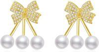 wholesale 925 Sterling Silver Bow and Pearls Stud Earrings for Women & Teen Girls-gold