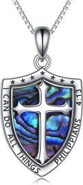 wholesale 925 Sterling Silver Shield Cross Pendant with Abalone Shell and Christian Inscription Necklace for Women Men - I Can Do All Things Philippians 4:13-0-0