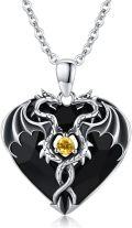 wholesale 925 Sterling Silver Heart-Shaped Black Crystal and Yellow Stone Double Dragon Pendant Necklace for Women & Men-0-0