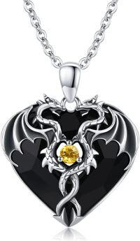 wholesale 925 Sterling Silver Heart-Shaped Black Crystal and Yellow Stone Double Dragon Pendant Necklace for Women & Men-Yellow