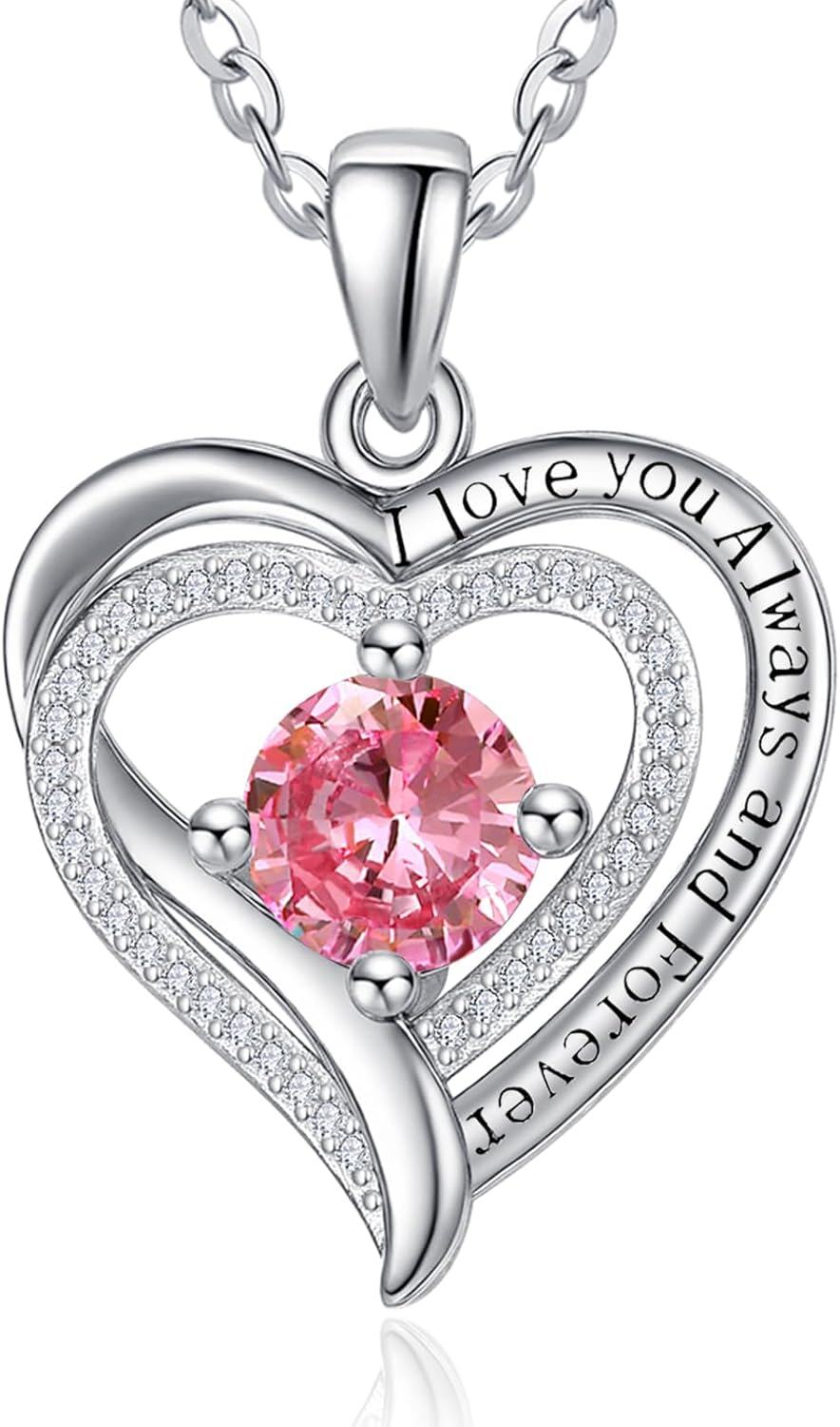 Sterling Silver White Gold Heart Pendant Necklace w Birthstone for Women-10-Oct