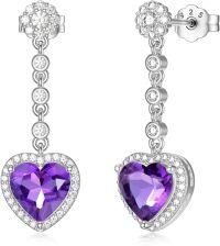 wholesale Sterling Silver 2ct Natural Gemstone Heart Cut 8mm Birthstone Drop Earrings for Women-Amethyst