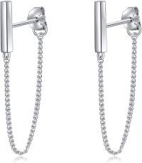 wholesale 925 Sterling Silver Minimalist Bar & Chain Stud Earrings with Long Drop for Women-Bar Dangle Earrings