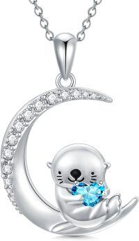 wholesale Sterling Silver Animal Birthstone Necklace Otter Axolotl Hippo Pendant Jewelry Gift for Women-12-Dec-Otter
