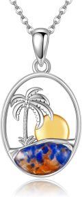 wholesale 925 Sterling Silver Palm Tree & Sunset Ocean Waves Blue Agate Pendant Necklace for Women Girls-0-0