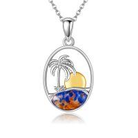 wholesale 925 Sterling Silver Palm Tree & Sunset Ocean Waves Blue Agate Pendant Necklace for Women Girls-Palm necklace