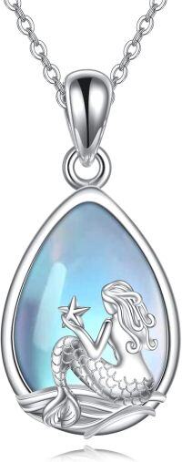 wholesale 925 Sterling Silver Teardrop Mermaid Pendant with Blue Moonstone and Star Charm Necklace-Mermaid Necklace