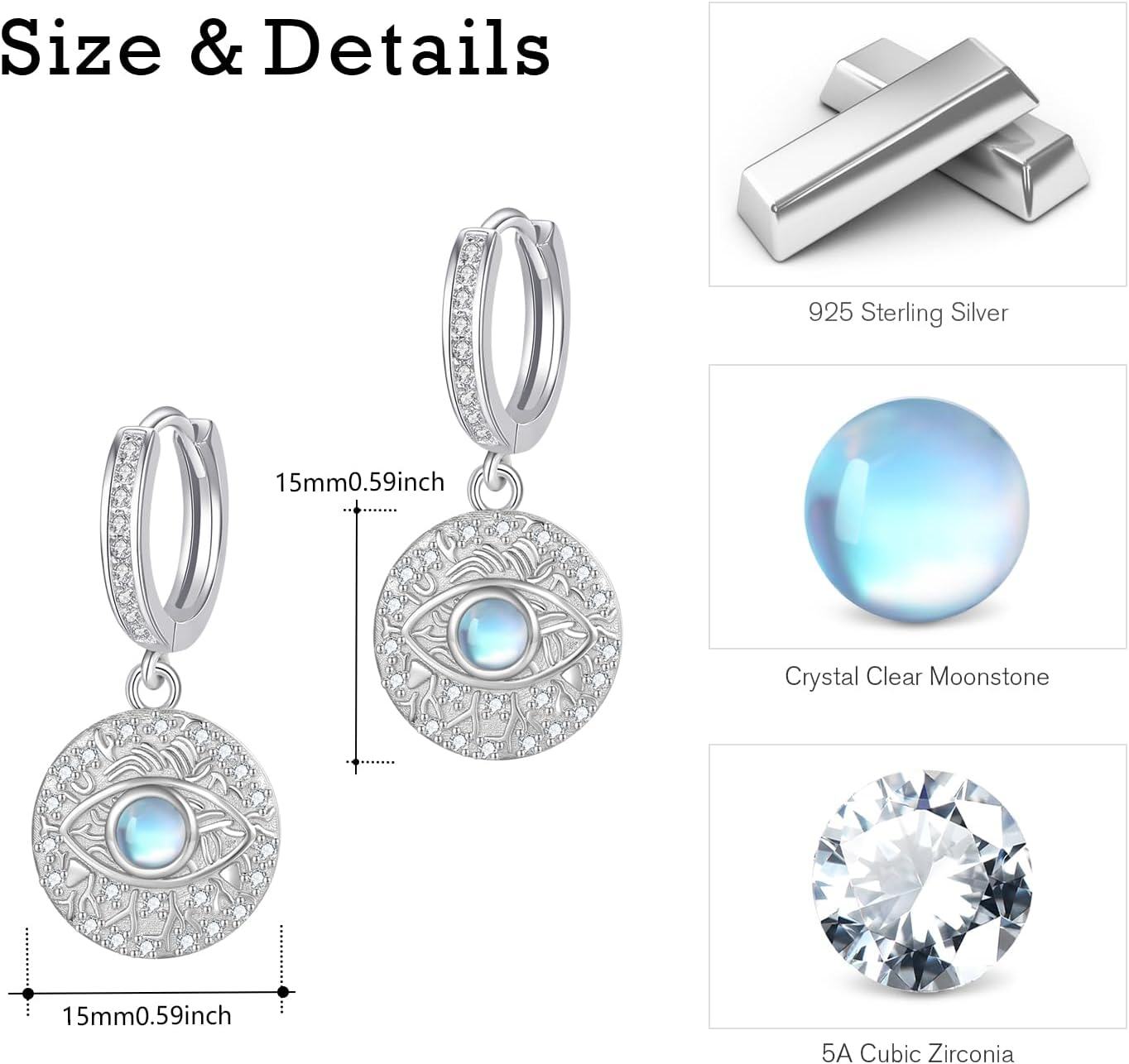 925 Sterling Silver Moonstone Evil Eye Huggie Hoop Earrings for Women - Hypoallergenic  Idea-0-2