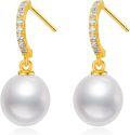 wholesale 14K Gold White Freshwater Pearl Drop Earrings with Diamond Accents-0-0