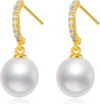 wholesale 14K Gold White Freshwater Pearl Drop Earrings with Diamond Accents-Bar Stud-Pearl\/Moissanite